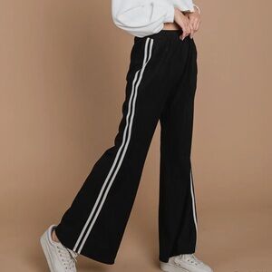 Black Faux Suede Wide-Leg Pants with White Stripes